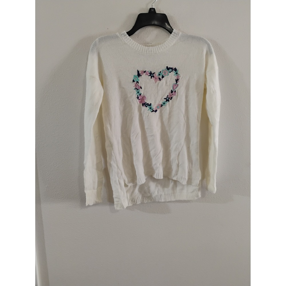 Pink Republic White Floral Heart Embroidered Knit Sweater XL 16 High Low Top